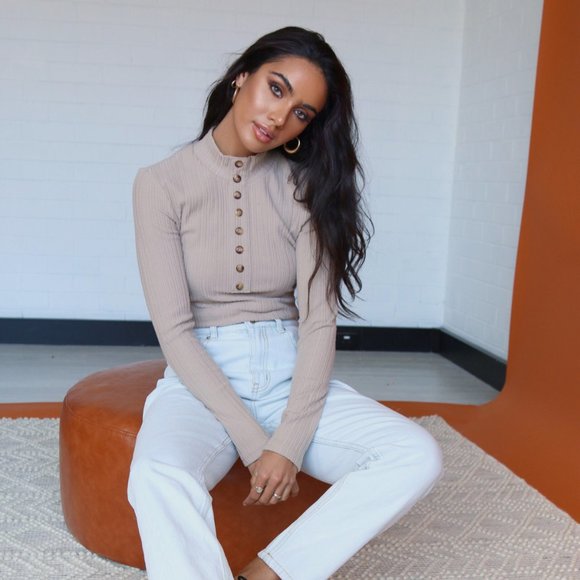 Lost in Lunar Tops - Ribbed Fitted Beige stone Longsleeve Button Blouse top